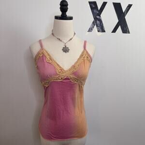 Vintage Y2k Pink Orange Pastel Embellished Lace Trim Cami Top Indie Sleaze M